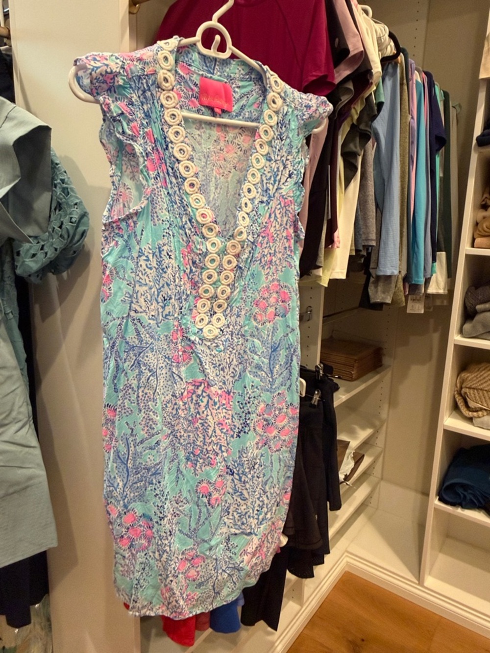 Lilly Pulitzer Sleeveless Beach Shift Dress in Aqua Blue and Pink